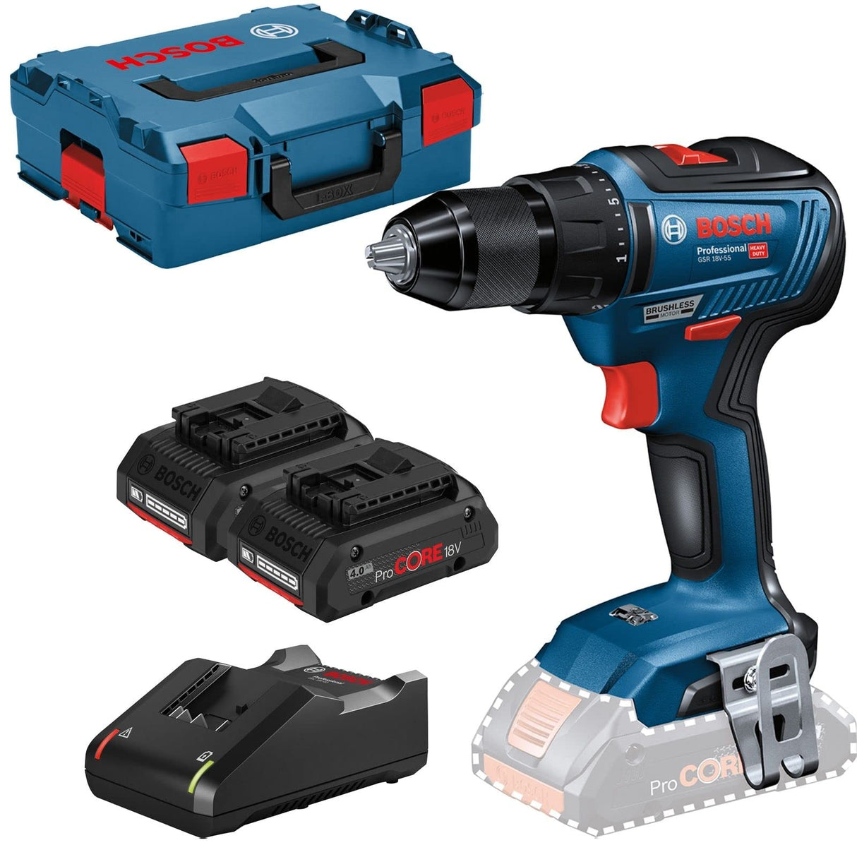 Bosch Professional GSR 18V-55 - Atornillador a batería (2 baterías ProCore x 4.0 Ah, 18V, 55 Nm, en L-BOXX)