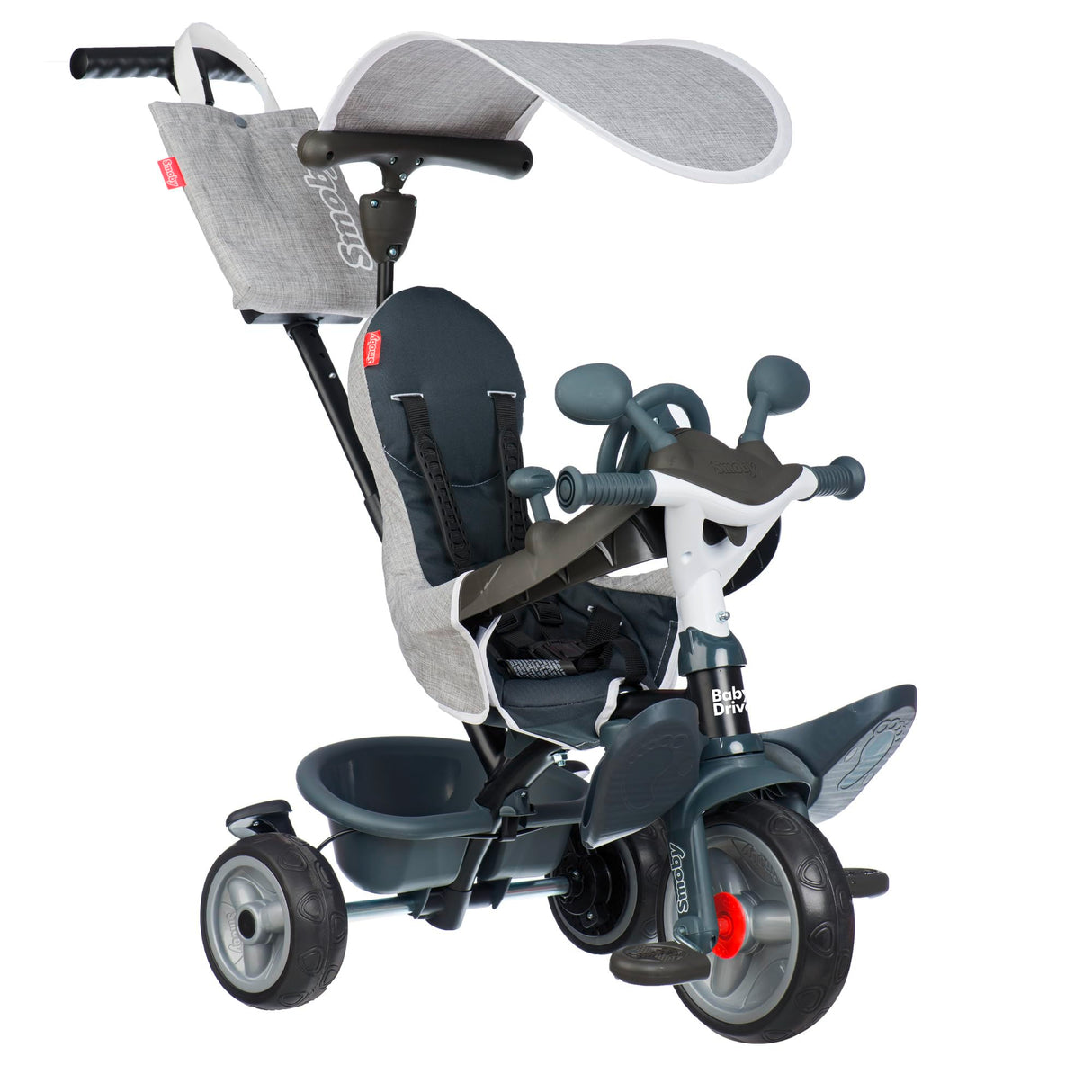Smoby - Triciclo Baby Driver Confort Gris 3 en 1 Progresivo, Sostenible, Freno de Estacionamiento, Barra Parental Ajustable, Volante con Claxon, Desde 10 Meses hasta 3 Años (7600741503)