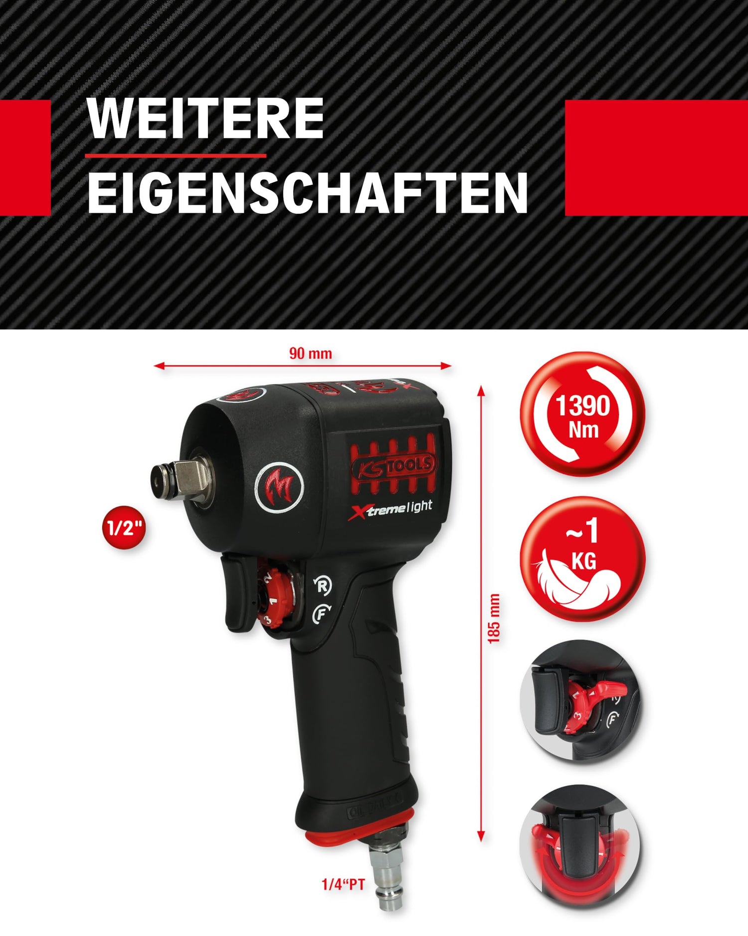 KS Tools 515.1150 1/2" Atornillador de impacto neumático de alta potencia miniMONSTER Xtremelight con 1.390 Nm