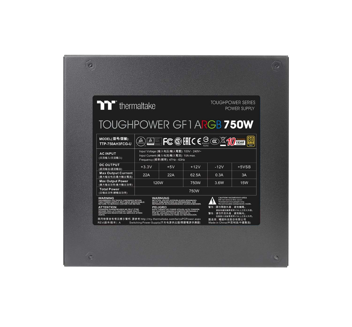 Thermaltake Toughpower GF1 750W ARGB | Fuente de alimentación para PC ATX | 80 Plus Gold | Totalmente Modular | Ventilador silencioso de 140 mm | Certificación UE | Negro