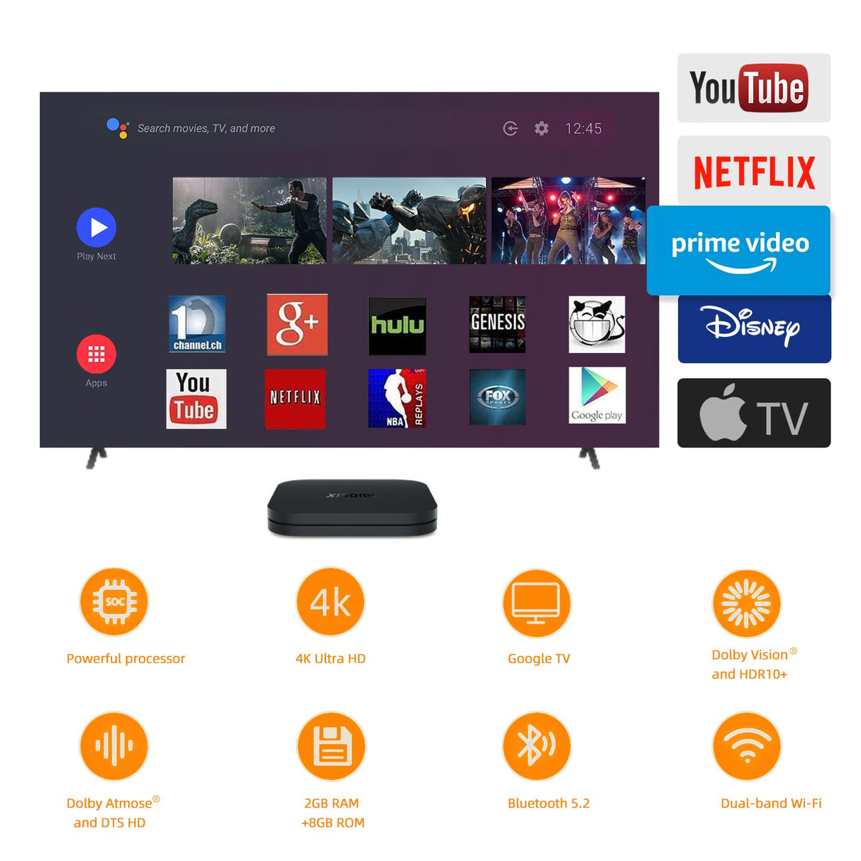 TIPOW 𝐍𝐮𝐞𝐯𝐨 Mi TV Box S (2nd Gen), 4K Ultra HD Streaming Media Player, 2GB RAM 8GB ROM Smart TV Box ROM con Mando a Distancia IR, Dolby Vision,HDR10+,DTS-HD,Proyección inalámbrica