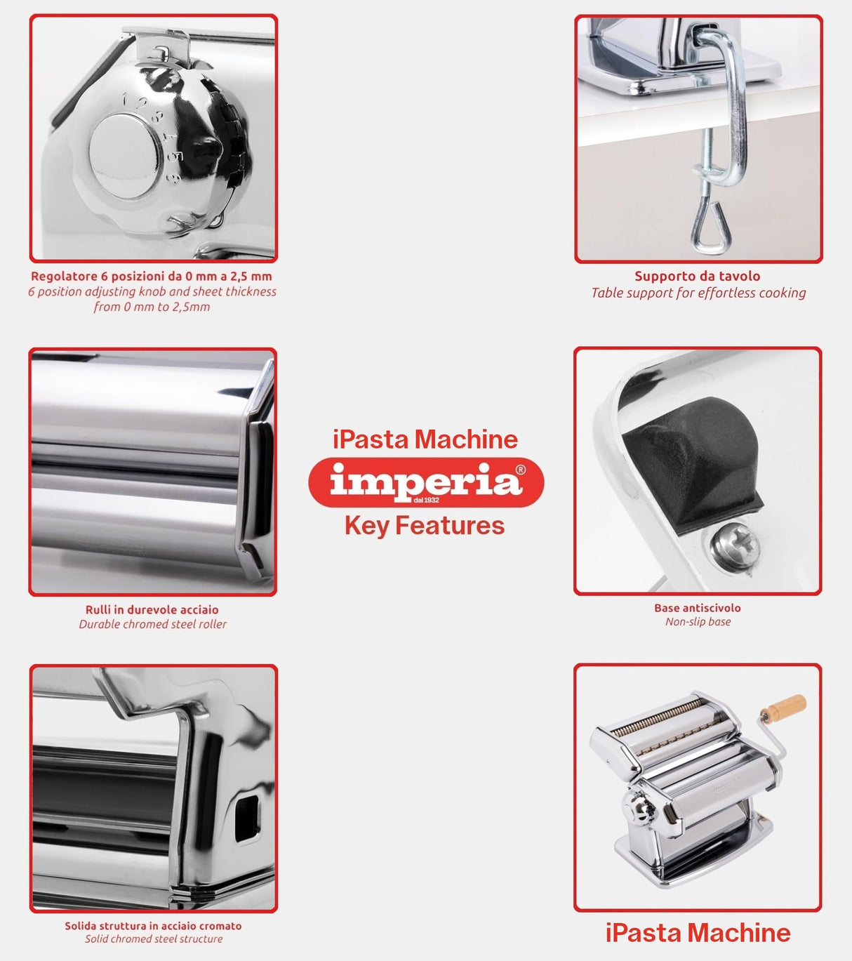 Imperia IPasta Línea Clásica. Máquina para Pasta. 100% Made in Italy. Máquina de pasta fresca en acero. Laminadora manual con manivela. Crea láminas para lasagne, tagliolini, fettuccine.