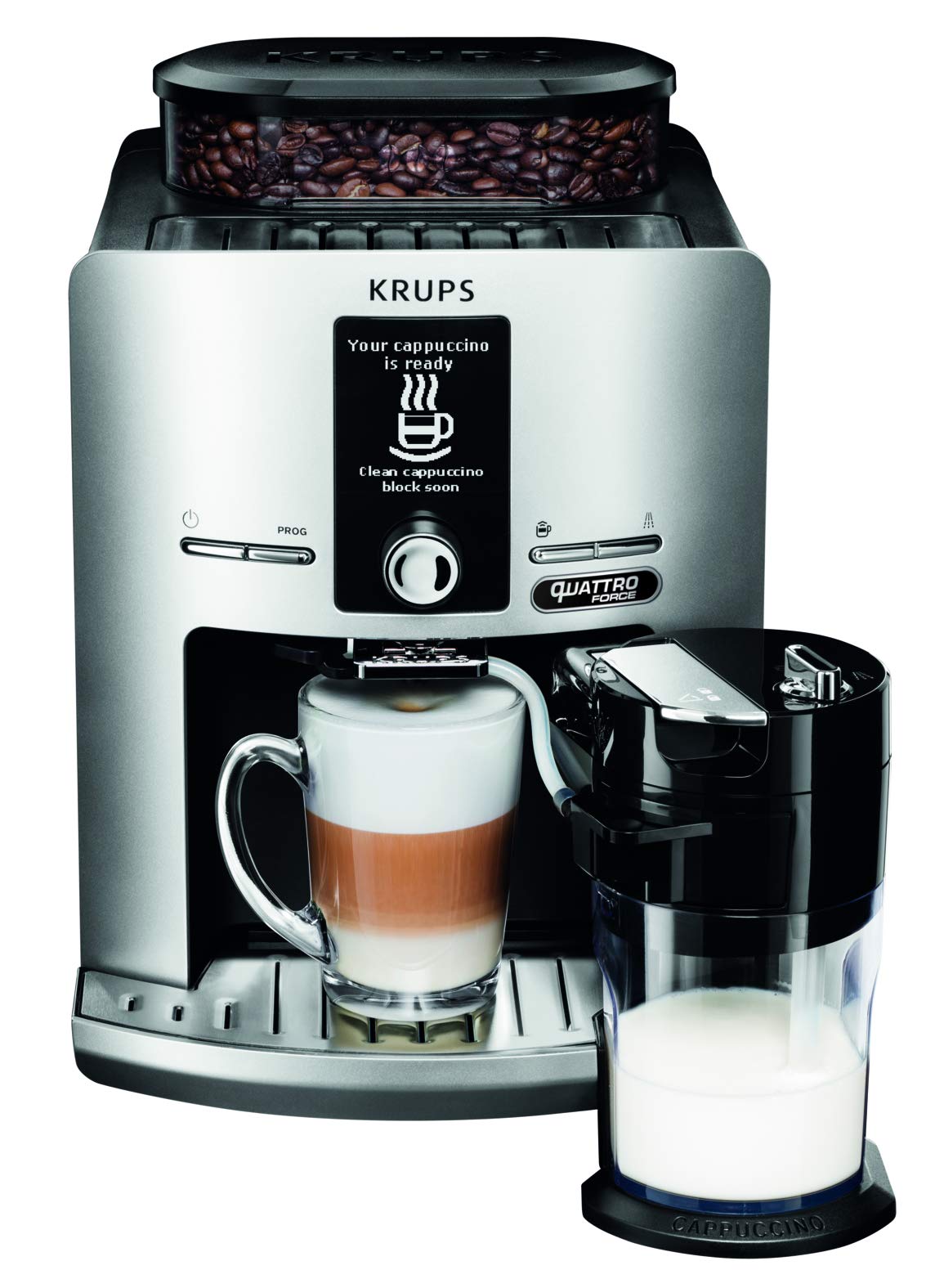 KRUPS Espresseria Latt, Tanque 1,7 L, 1450 W, Cafetera de grano de acero, Trituradora, Cappuccino de un solo toque, Limpieza automática, Presión de 15 bares, Hecho en Francia YY4201FD