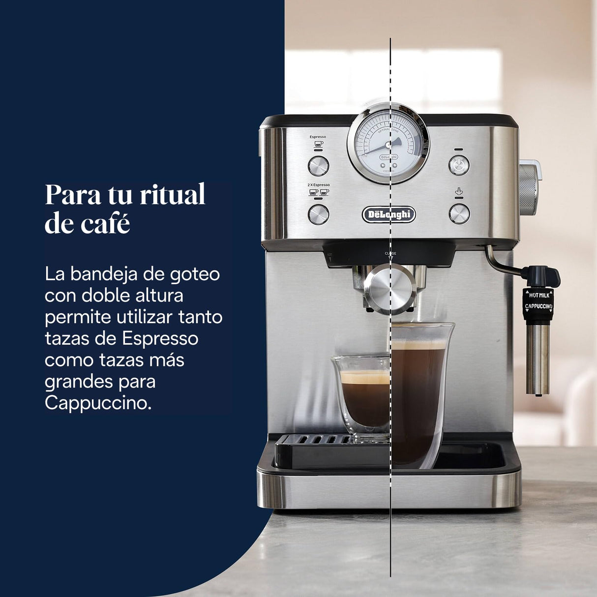 De'Longhi Classic EM450.M, Máquina Café Manual con Varilla Vapor, Máquina Espresso con Bomba Barista, Boquilla para Capuchino, Filtro Doble Pared, 15bar, Taza Hasta 13cm, Acero Inoxidable/Metal
