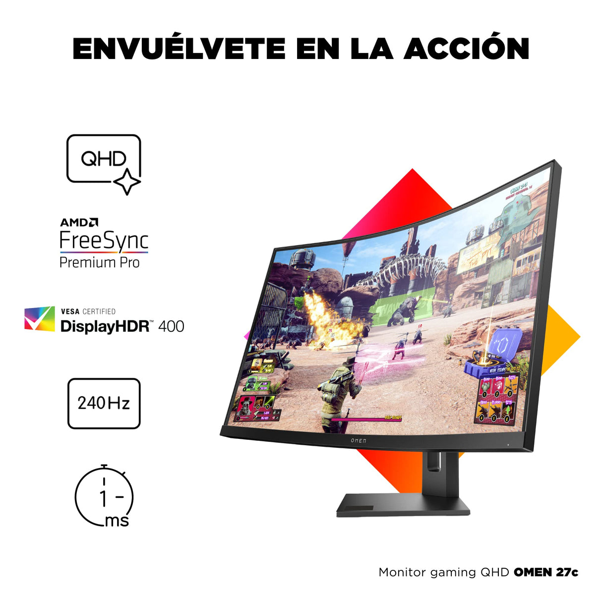 HP OMEN 27c QHD – Monitor Gaming de 27" Quad HD (2560 x 1440 a 240Hz, VA, Curvatura 1000R, 16:9, 1ms, HDMI, Low Blue Light, Antirreflectante, AMD Freesync Premium Pro, Compatible con Consolas) Negro