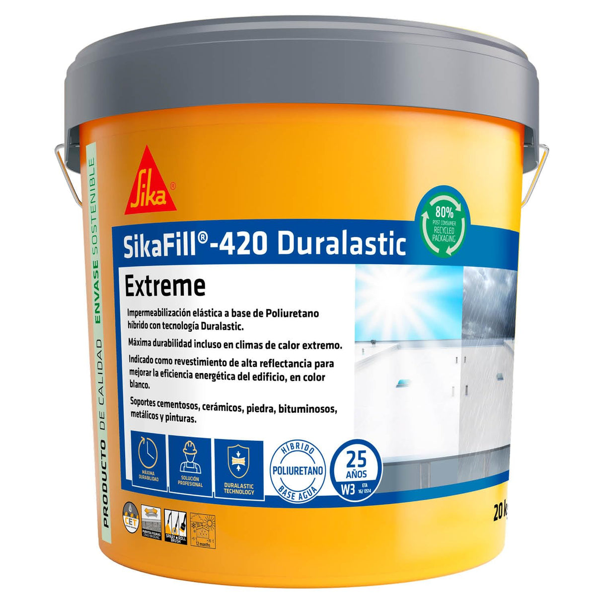 SIKA - Membrana líquida impermeabilizante - SikaFill 420 Extreme - Rojo Teja - Para cubiertas nuevas como en rehabilitaciones - Listo para su uso - Permeable al vapor de agua - 20 kg
