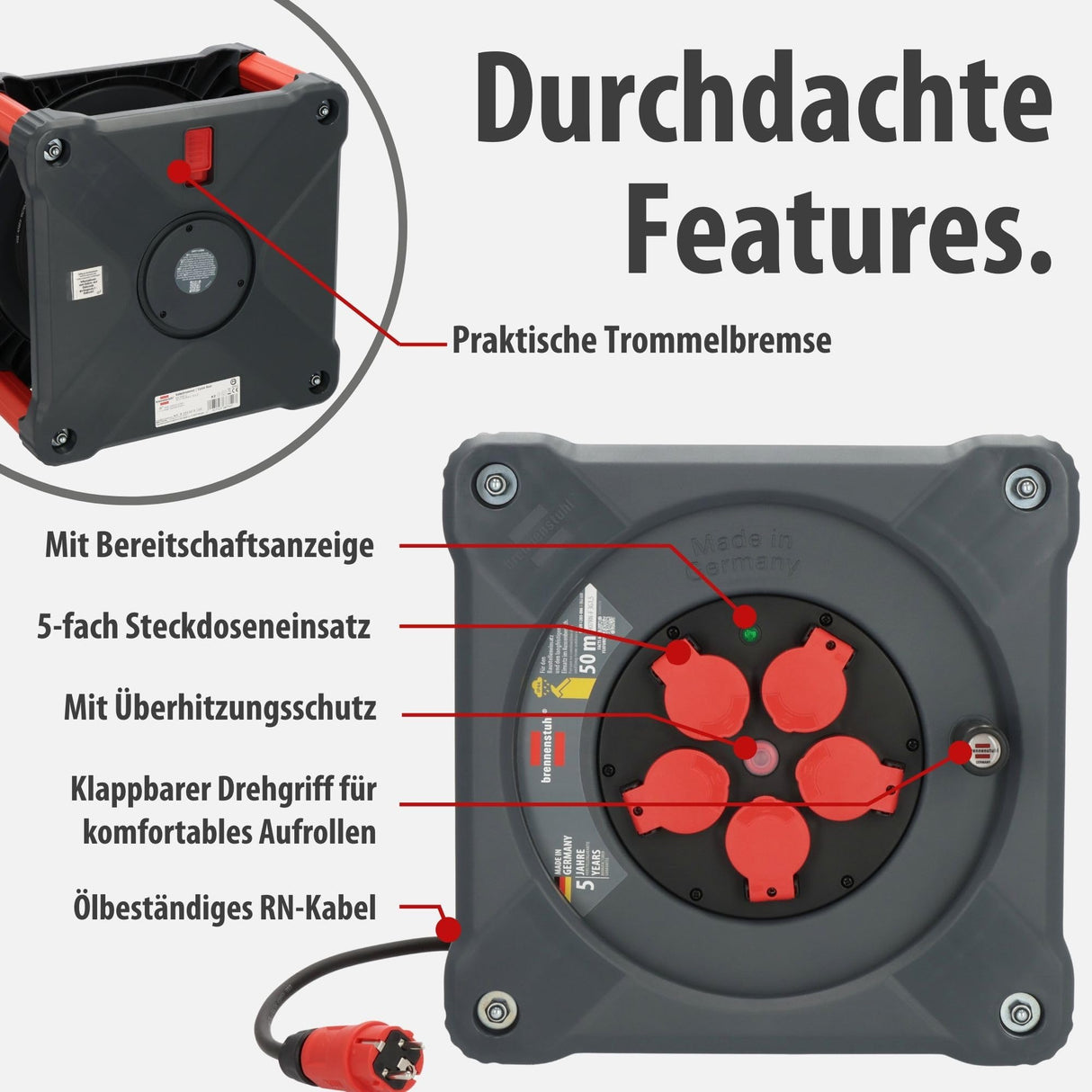 Brennenstuhl Carrete de cable profesional KA 5100 5 IP44 (cable H07RN-F 3G1,5 de 50 m en negro, 5 tomas de seguridad, uso en obra y exterior permanente, fabricado en Alemania)