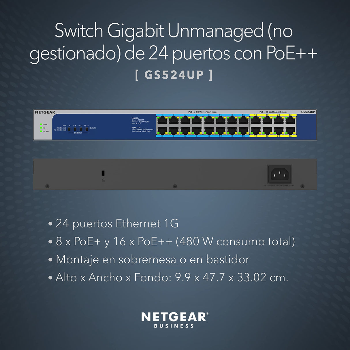 NETGEAR Switch PoE Gigabit Ethernet no gestionado de 24 puertos GS524UP - Switch de red con 8x PoE+ y 16x Ultra60 PoE++ a 480 W, Montaje de sobremesa o en bastidor, y protección limitada de por vida