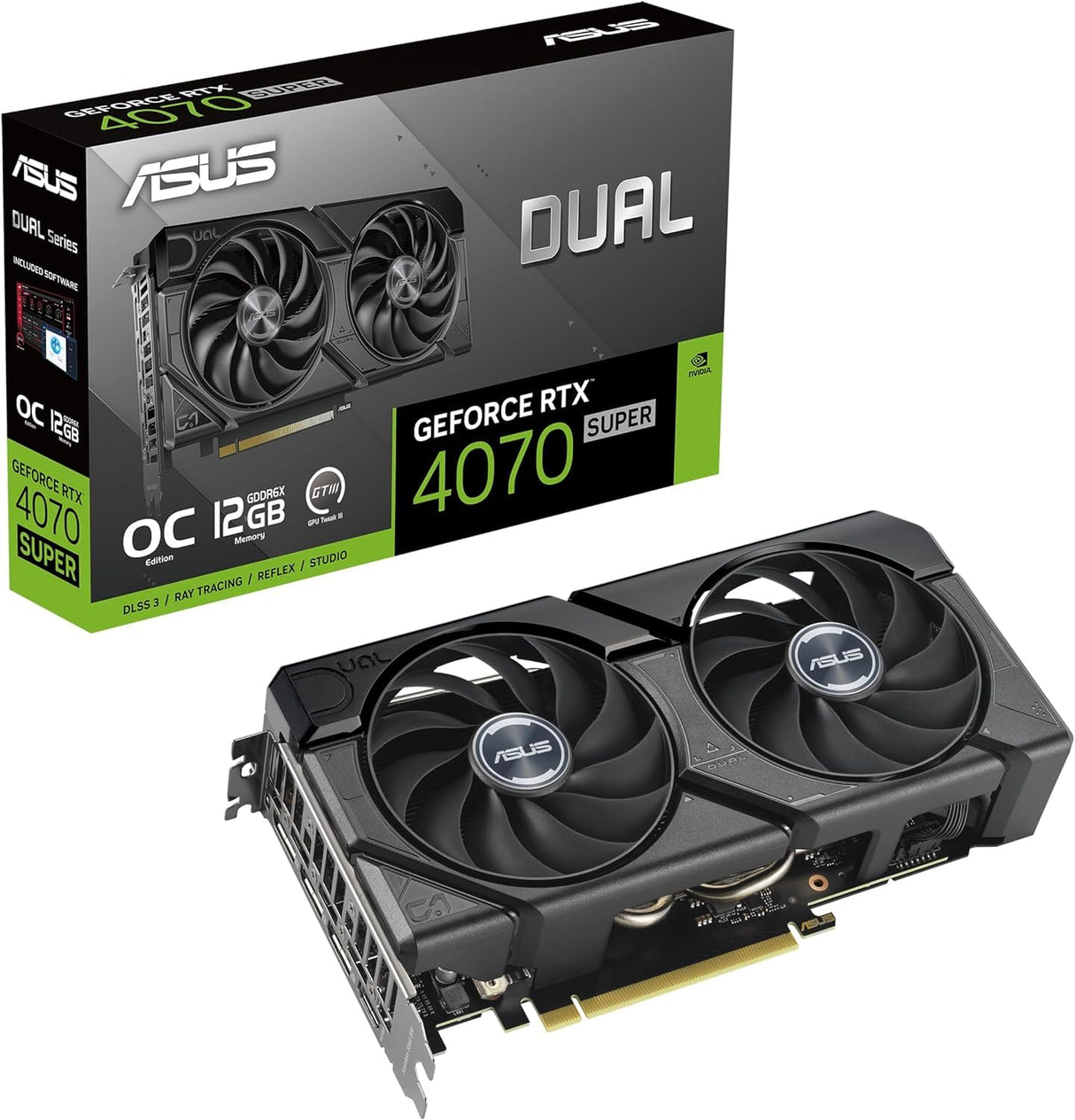 ASUS Tarjeta gráfica Dual GeForce RTX 4070 Super EVO OC Edition 12GB GDDR6X (PCIe 4.0, 12GB GDDR6X, DLSS 3, HDMI 2.1a, DisplayPort 1.4a, diseño de Ventilador Axial-Tech, tecnología 0 dB)
