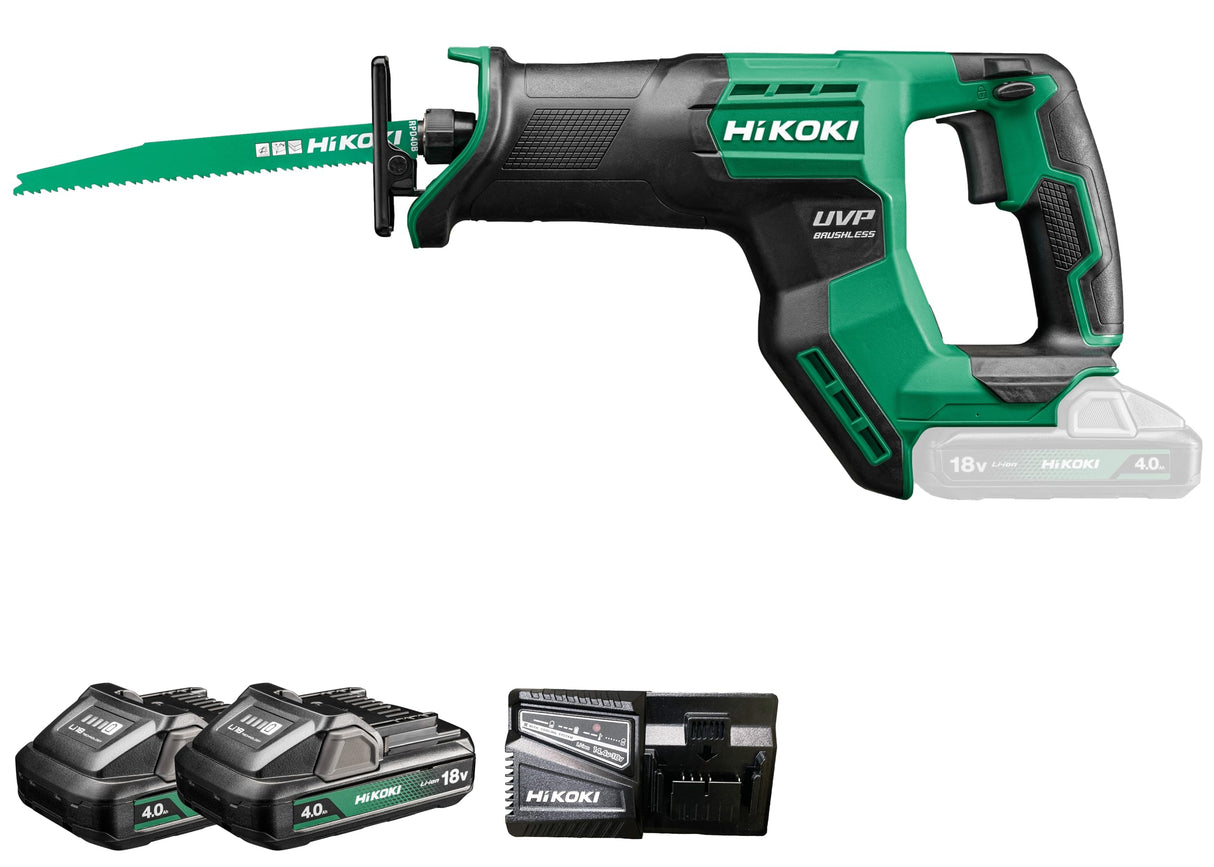 HIKOKI Akku Säbelsäge CR18DMA (18V (2x4,0Ah) Li-ion, Sägehub: 29 mm, Sägen in Holz Ø: 300 mm, Sägen in Rohr Ø: 130 mm, Sägen in Stahl Ø:19 mm,) Liederumfang: Akkus, Ladegrät und Transportkoffer.
