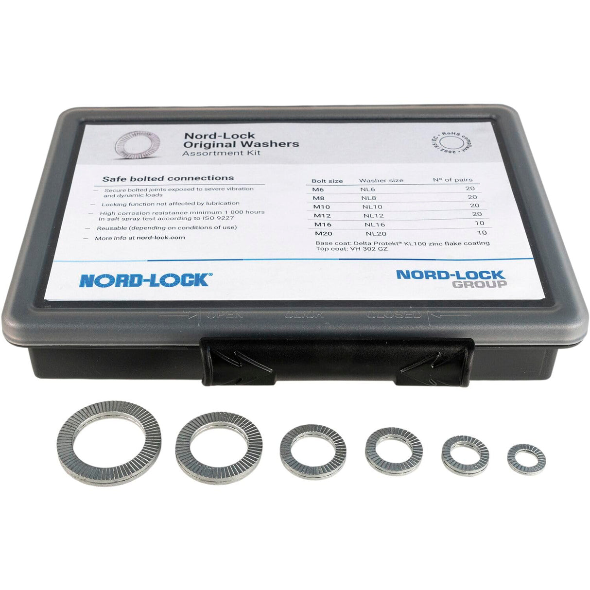 100 pares de discos de seguridad de cuña originales Nord-Lock de acero en caja surtida, tamaño M6, M8, M10, M12, M16, M20