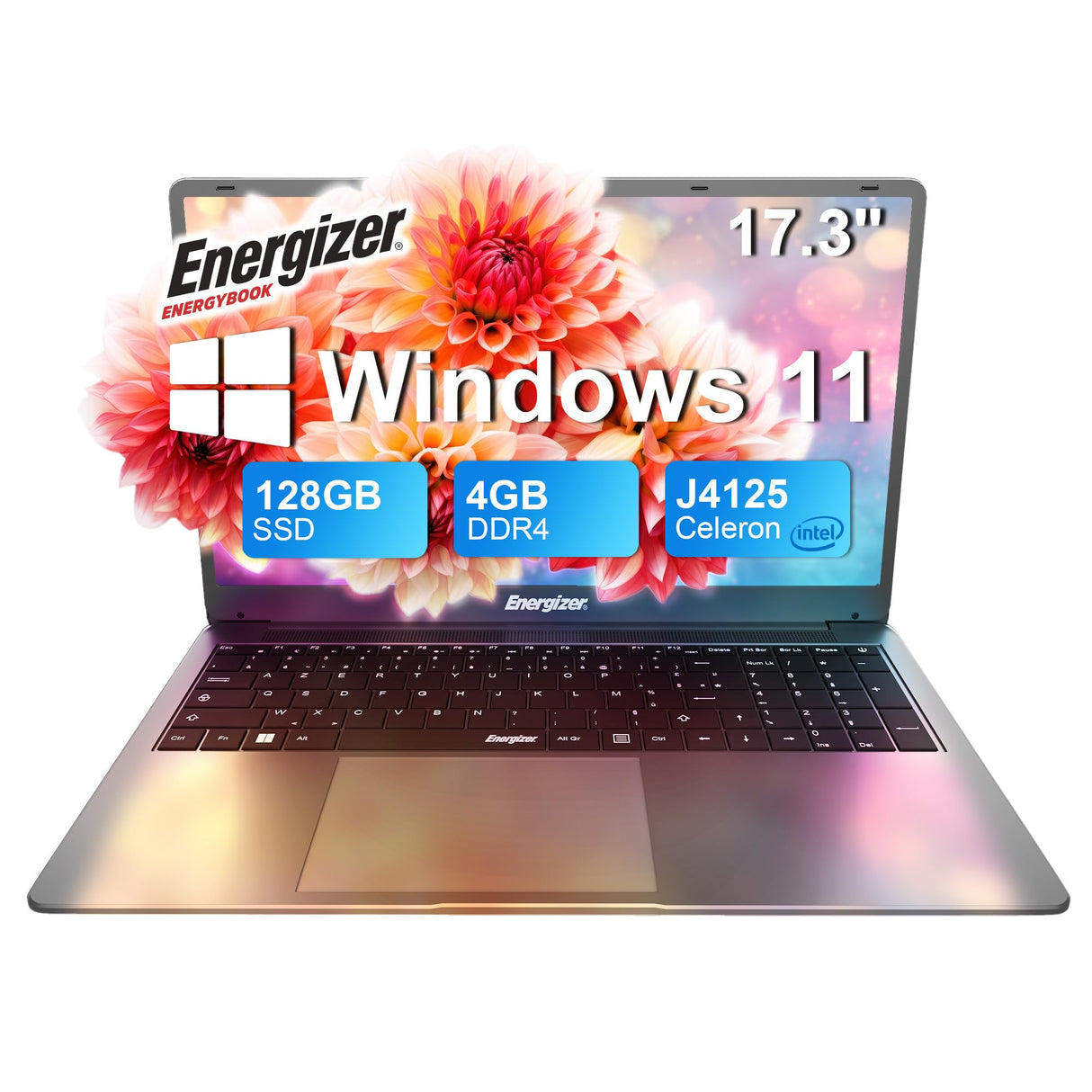 Energizer EnergyBook: portátil de 17,3'' HD+, Intel Celeron, 4 GB de RAM, SSD de 128 GB, gráficos UHD, Windows 11, Teclado QWERTY (Interno), USB 3.0, HDMI