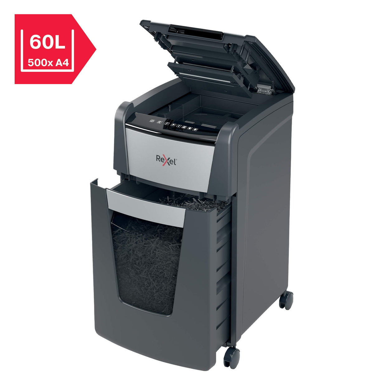 Rexel 2020225X - Destructora Automática Rexel Optimum AutoFeed 225X de Corte en Partículas P4 para Oficina, Destruye Hasta 225 Hojas a la Vez, Papelera Extraíble de 60 Litros, con Ruedas y Silenciosa