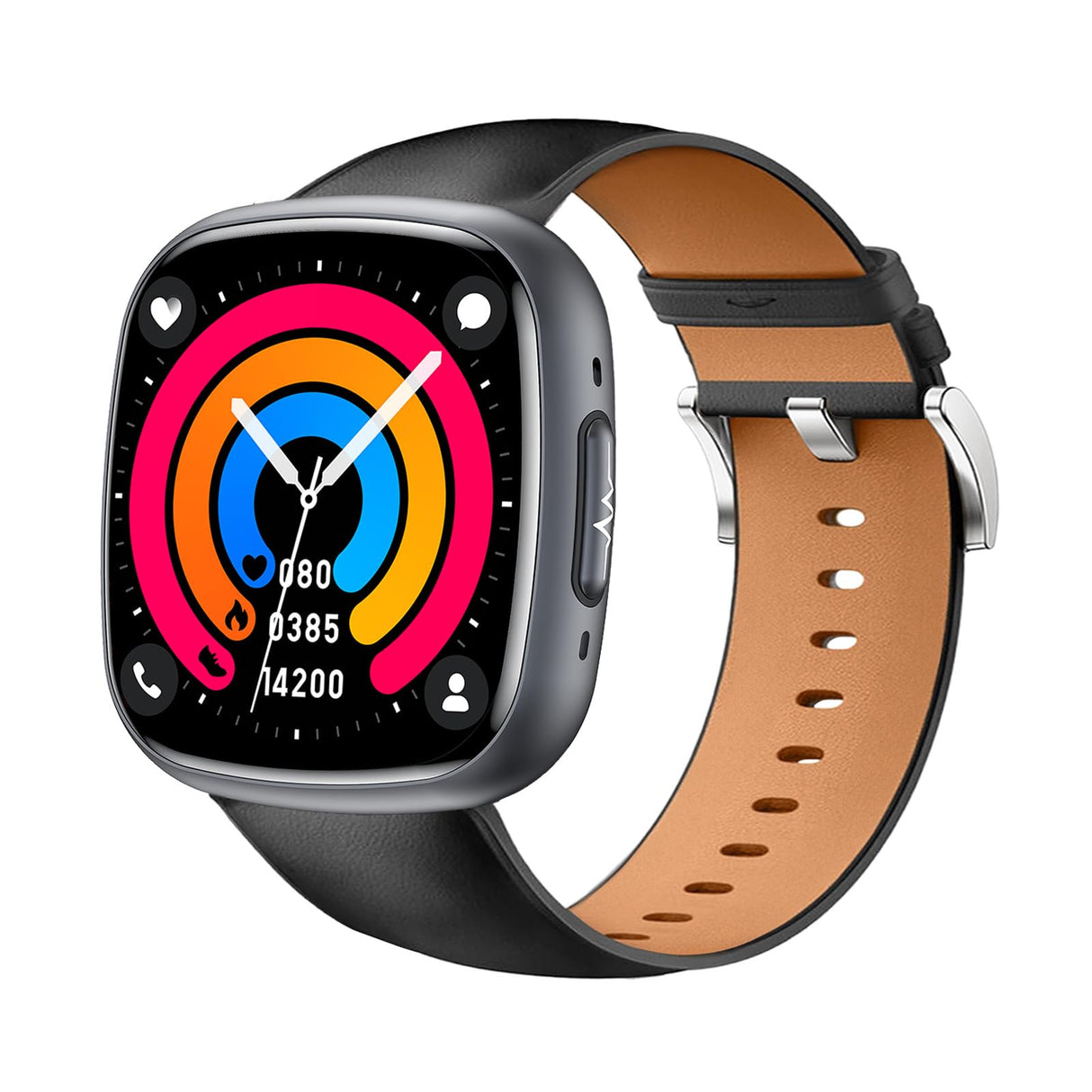 Knauermann Neo 2 (2025) - Negro Rectangular - Reloj de Salud Smartwatch - ECG - Función HRV - Bluetooth BT - Apnea del Sueño - Presión Arterial - Correa de Cuero de Vaca Negro, Höhe: 42mm; Breite: