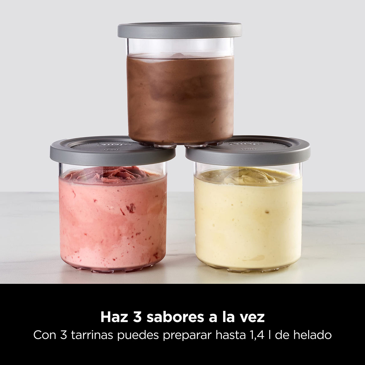 Ninja CREAMi Heladera multifunción, 1,4 l de capacidad, 3 tarrinas, 7 programas, Helado, Gelato, Sorbete, Smoothie bowl, Batido y más, en negro y plata, NC300EU