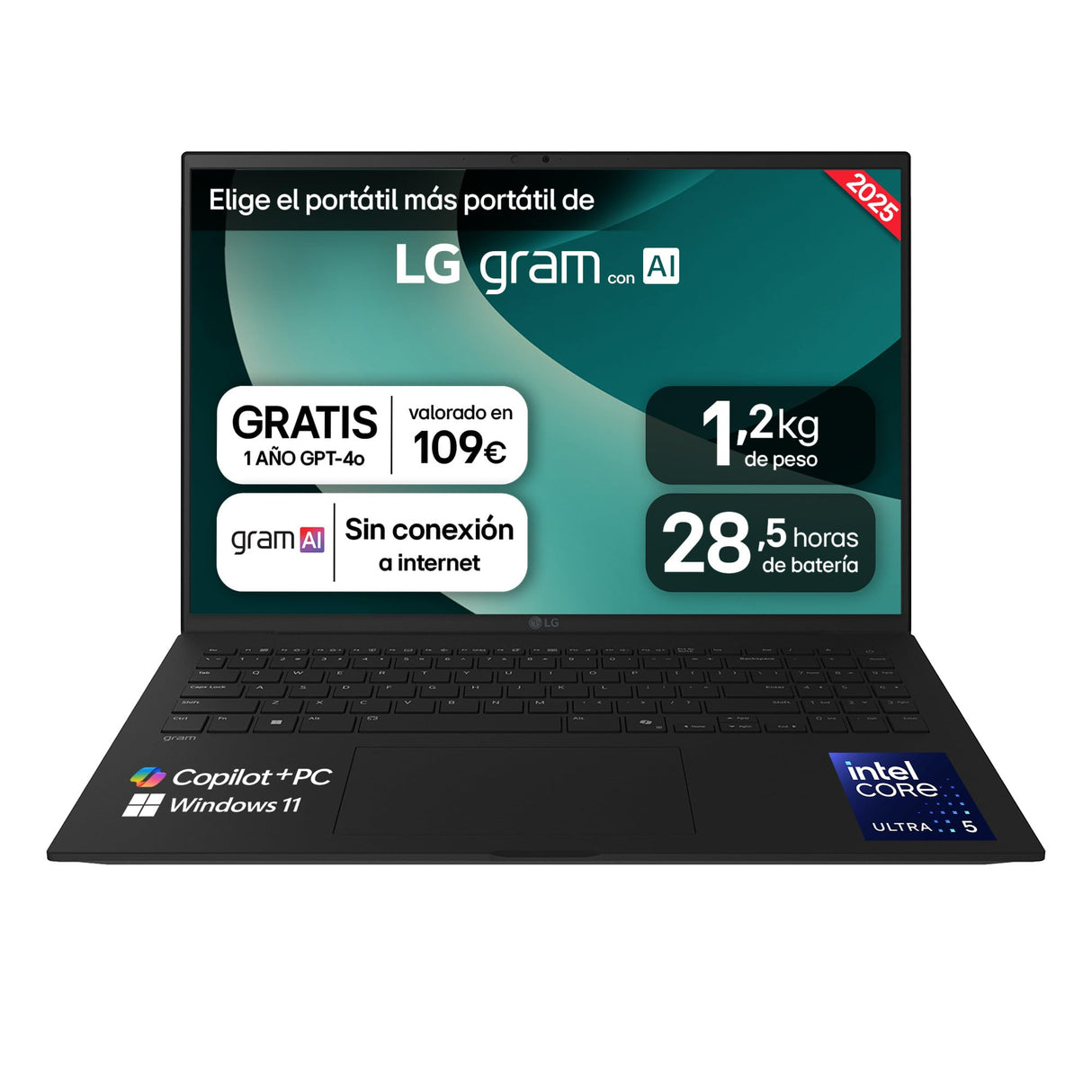 LG gram 16Z90TL-G.AS58B Ordenador Portátil 16 Pulgadas Intel Core Ultra5 228V, 16 GB RAM, 1TB SSD, Panel IPS Antirreflejo, WQXGA, 1.305 g, 28.5 Horas, Windows 11 Home, Negro, Teclado QWERTY Español