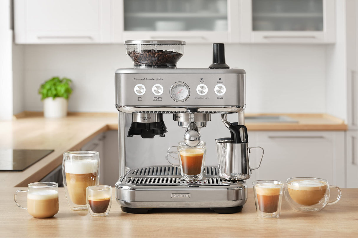 cafetera automatica con molinillo Sencor - cafetera grano con molinillo Barista Express, acero inoxidable cepillado, tanque de agua y café de gran capacidad, boquilla de vapor de cappuccino SES 6010SS