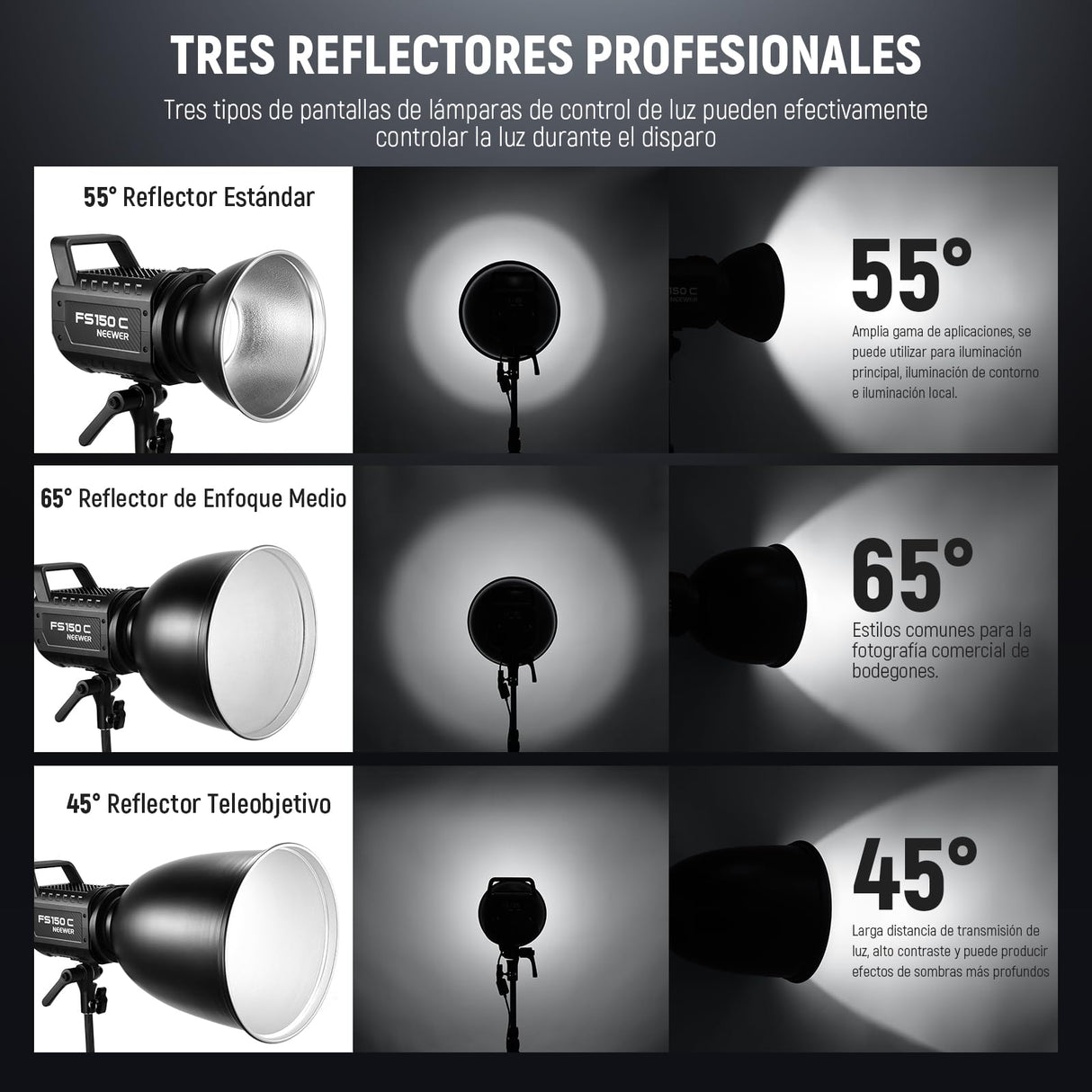 NEEWER 7" Estándar/10 Mediano/11 Profundo Enfoque Reflector Set, 55°/65°/45° Pantalla Lámpara Difusora Reflectora Bowens Montaje Compatible con Godox Compatible con Aputure NEEWER Flash Strobe, FR18