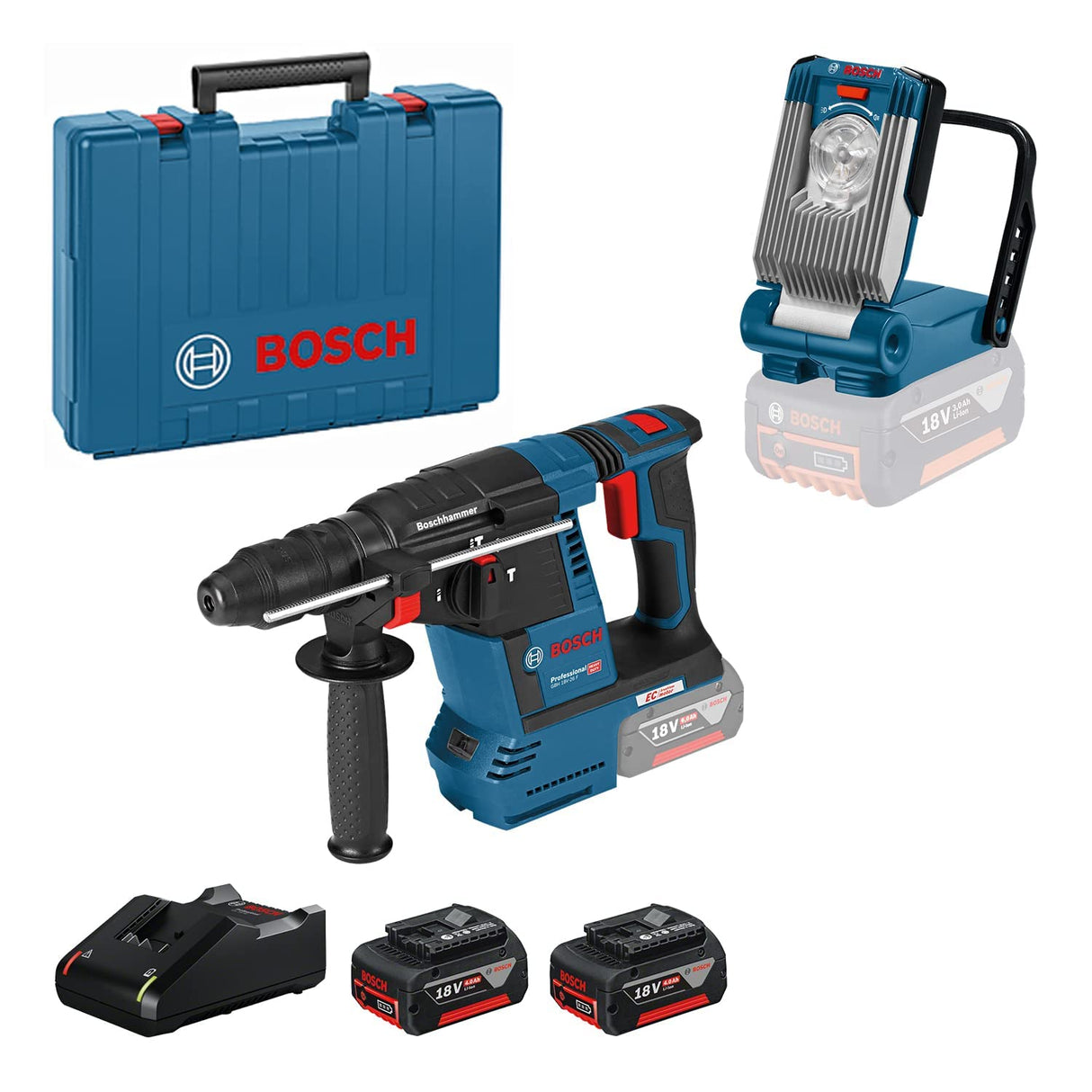 Bosch Professional 18V System GBH 18V-26 F + GLI VariLED - Set martillo perforador a batería + foco de obra (2 baterías x 4.0Ah, en maletín) - Amazon Exclusive