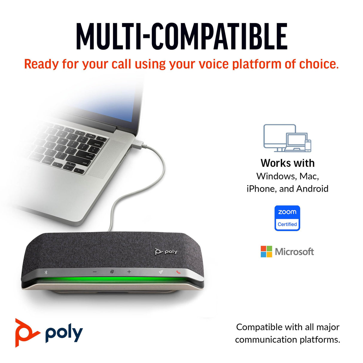 Altavoz manos libres inteligente Poly Sync 40 - Espacios de trabajo flexibles, Se conecta a PC mediante un cable USB-A o USB-C y a teléfonos inteligentes a través de Bluetooth - Funciona: Teams y Zoom