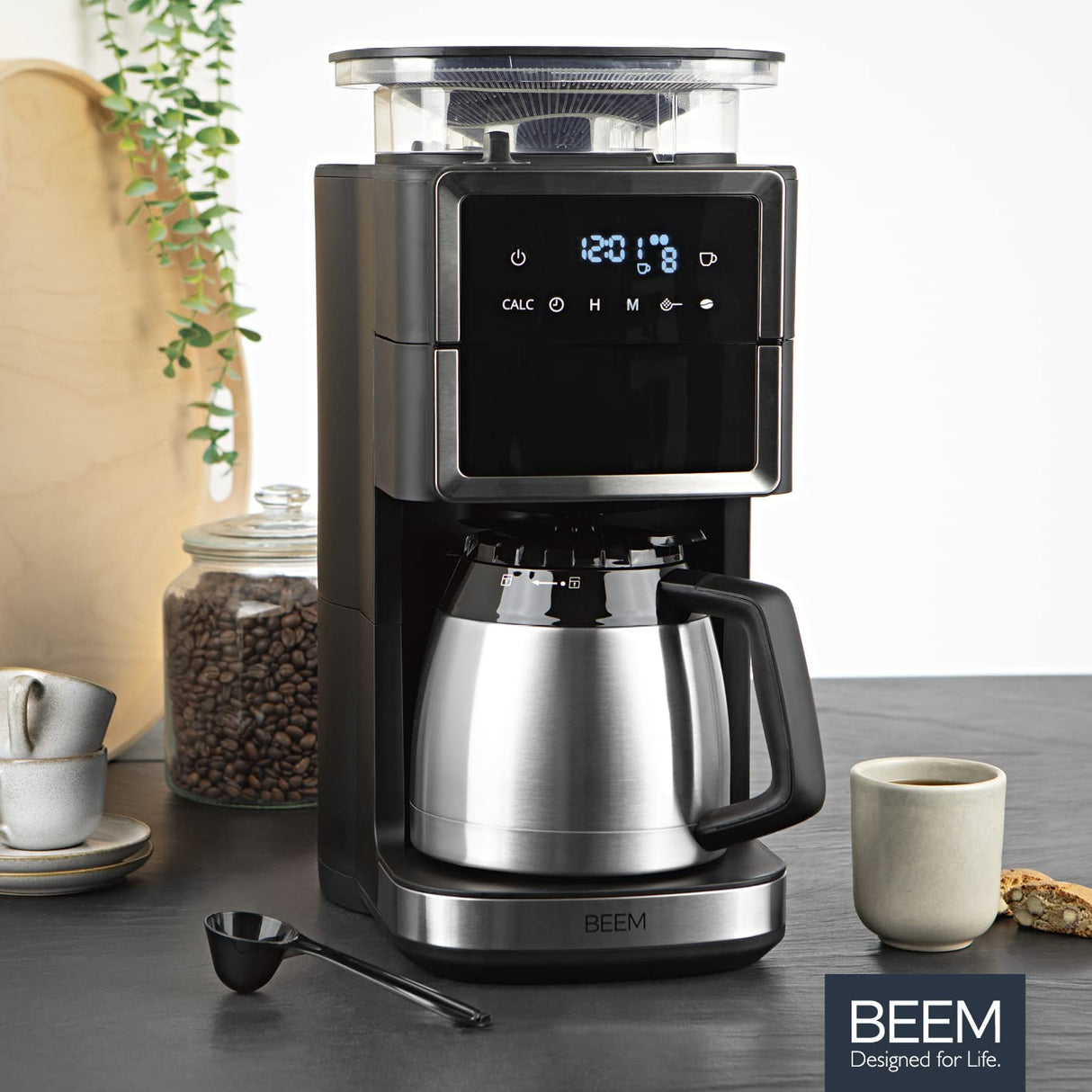 BEEM Cafetera de filtro Fresh Aroma-PERFECT III con mecanismo de molienda, térmica, de acero inoxidable, jarra aislante, mecanismo cónico y Aroma-Plus, filtro permanente, temporizador 24 h, 10 tazas