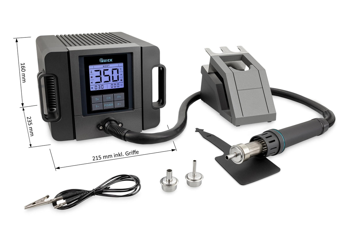 QUICK TR1300A - Estación de soldadura de aire caliente industrial (1300 W, rango de temperatura de 100 – 500 °C, SMD, función de calibración, modo de espera/pantalla LCD)