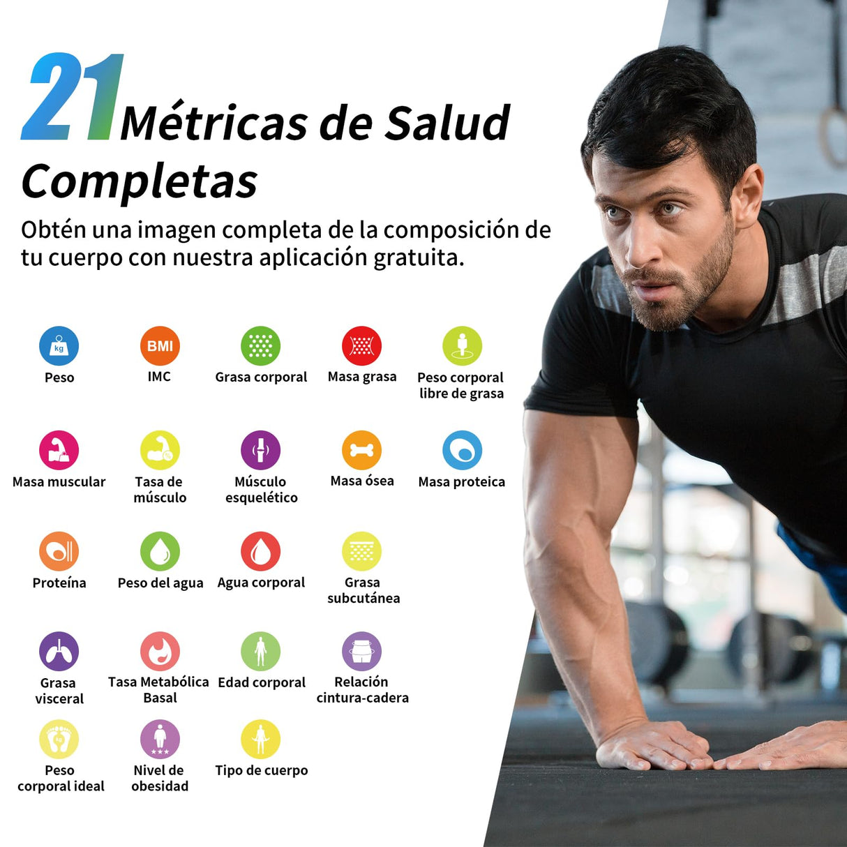 Healthkeep Báscula Persona Balance Conectada Impedancia Con 8 Electrodos 21 Datos Corporal Pantalla VA Medición BIA de Doble Frecuencia Con APP para Andriod e iOS, Máx. 180 kg/400 lb/28