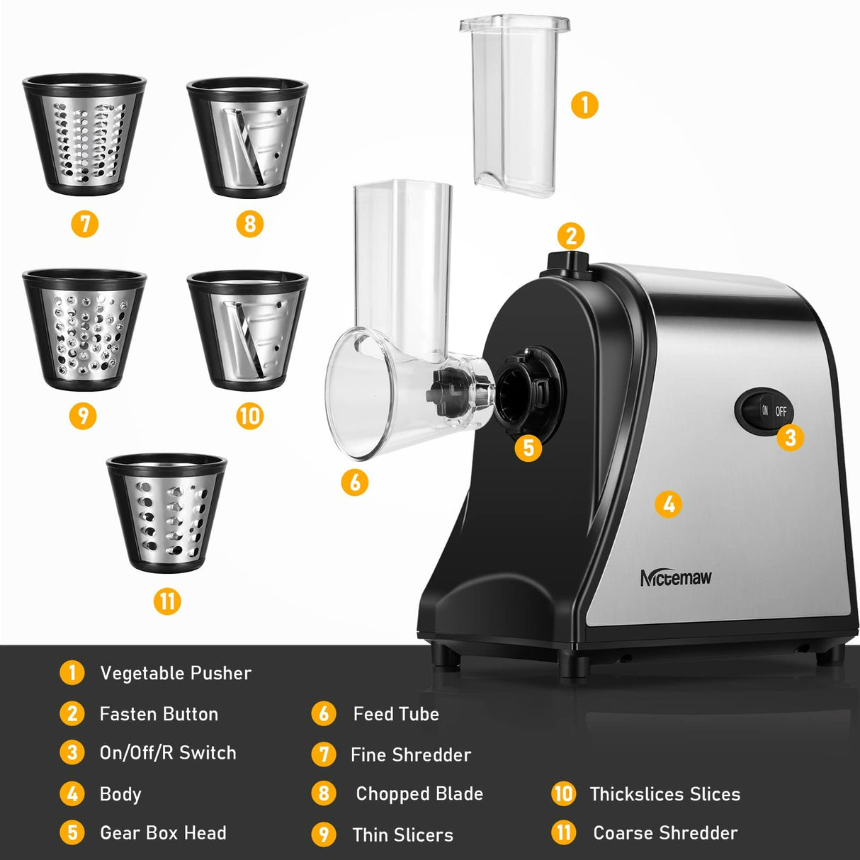 Meykey Cortador Eléctrico de Frutas y Verduras de Acero Inoxidable, 250 W, 5 Cuchillas Cónicas