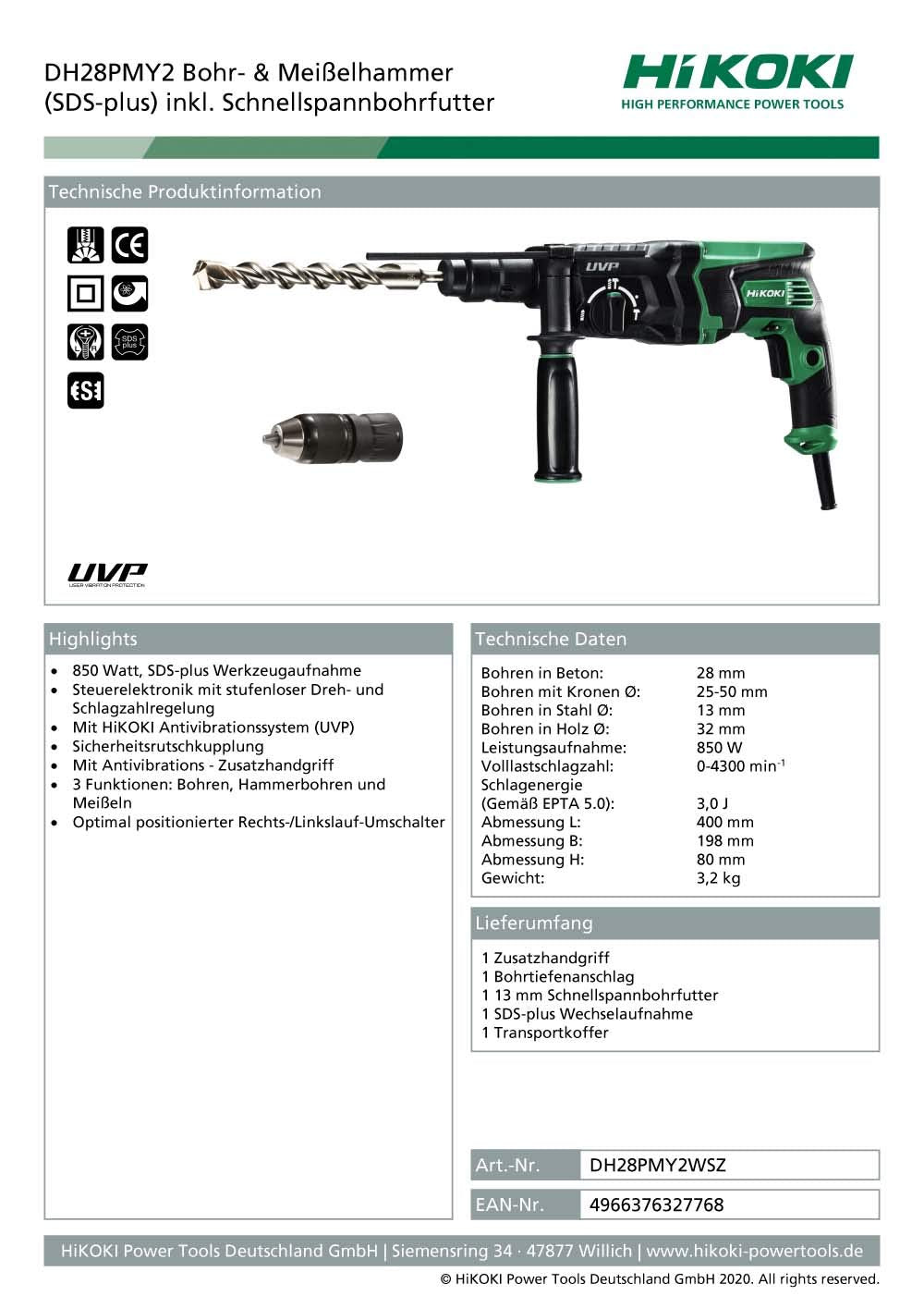 HIKOKI - DH28PMY2Z Martillo combinado 3 modos, 850 W - UVP - Portabrocas intercambiable