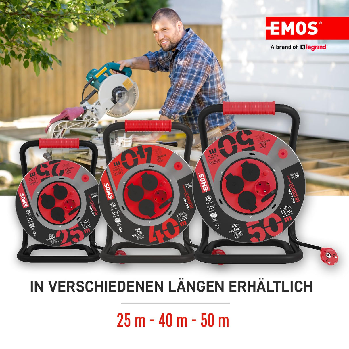EMOS tambor cable 50 m acero, 4 Schuko, 230 V 16 A 3680 W, goma H07RN-F 1.5 mm², IP44, resistente agua, golpes, aceite, intemperie