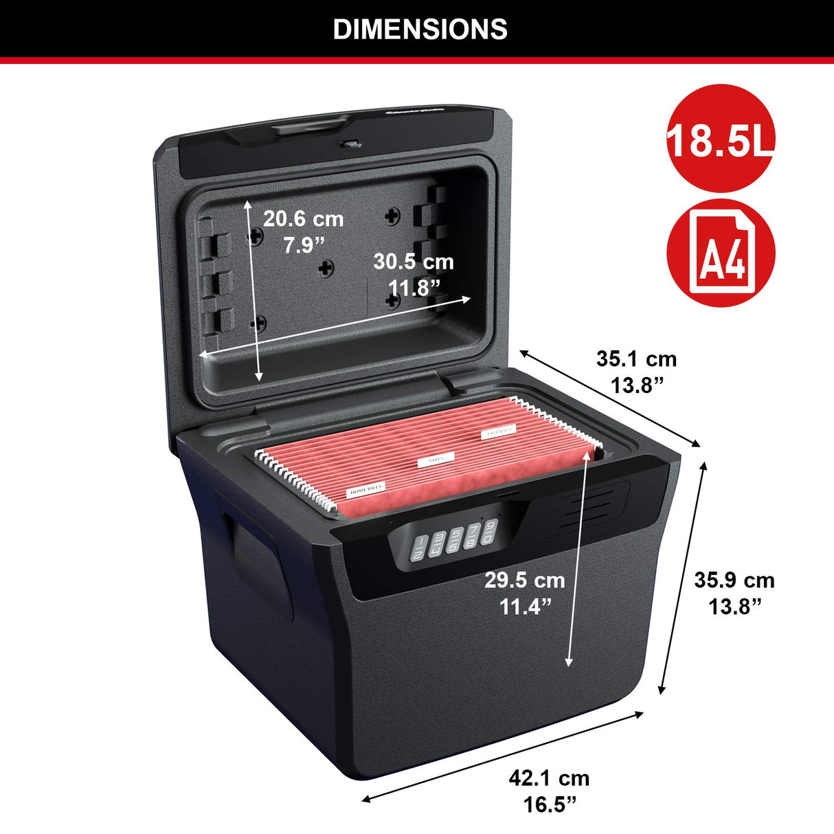 Master Lock FHW40300EURHRO Caja Fuerte Portatil Ignifuga y Impermeable Combinación Xlarge 18.5 L Adecuada para A4 Documentos, Dispositivos Electrónicos, Soporte Multimedia, Pequeños