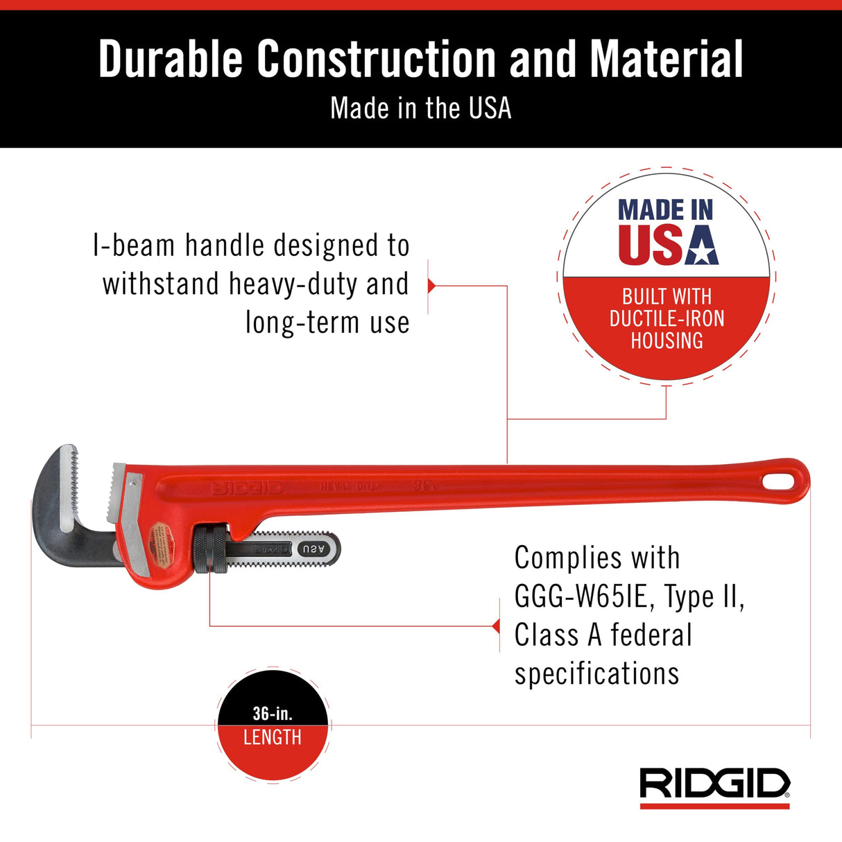 RIDGID 31035 Llave de tubo recta para servicio pesado de 36 pulgadas, Llave de fontanería de 36 pulgadas