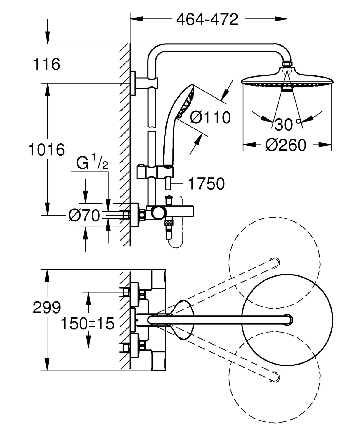 GROHE Vitalio Joy 260 | Sistema de ducha con taermostato para baño y ducha | 27860001 | 2 opciones de ducha | 3 tipos de chorro | Termostato con función GROHE Aquadimmer