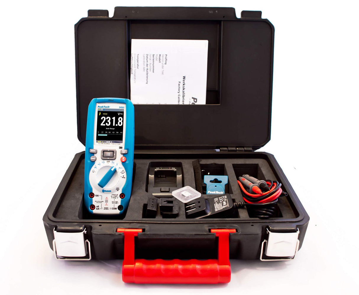 Multímetro digital PeakTech P 3450 True RMS con cámara termográfica, pantalla gráfica Bluetooth y TFT, registrador de datos, probador de continuidad, medidor - CAT III 1000V