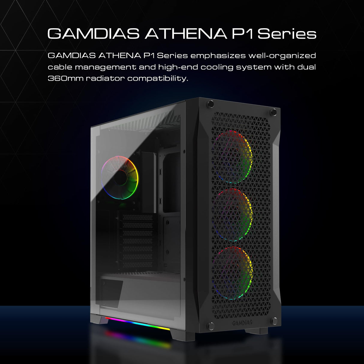 GAMDIAS Athena P1 ATX - Carcasa para PC para Juegos de Torre Media con Vidrio Templado y excelente diseño de Flujo de Aire y 4 Ventiladores ARGB de 120 mm, Soporte Superior y Frontal AIO de 360 mm y