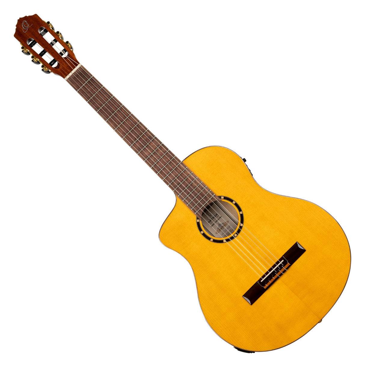 Ortega Guitars Family Series Pro - Guitarra flamenca para zurdos, tamaño 4/4, electroacústica, pícea y ciprés con acabado brillante, color amarillo – Incluye funda (RCE170F-L)
