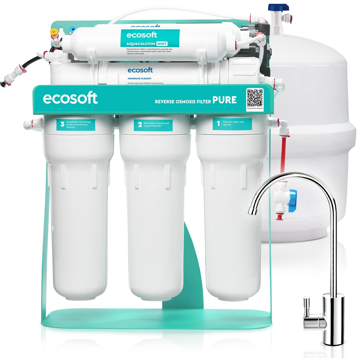 Ecosoft P'URE AquaCalcium - Filtro con Bomba Montado Sobre Estructura Metálica, Ósmosis Inversa Para el Hogar, Elimina el 99.8 % de los Contaminantes del Agua, Mineraliza el Agua Potable con Calcio