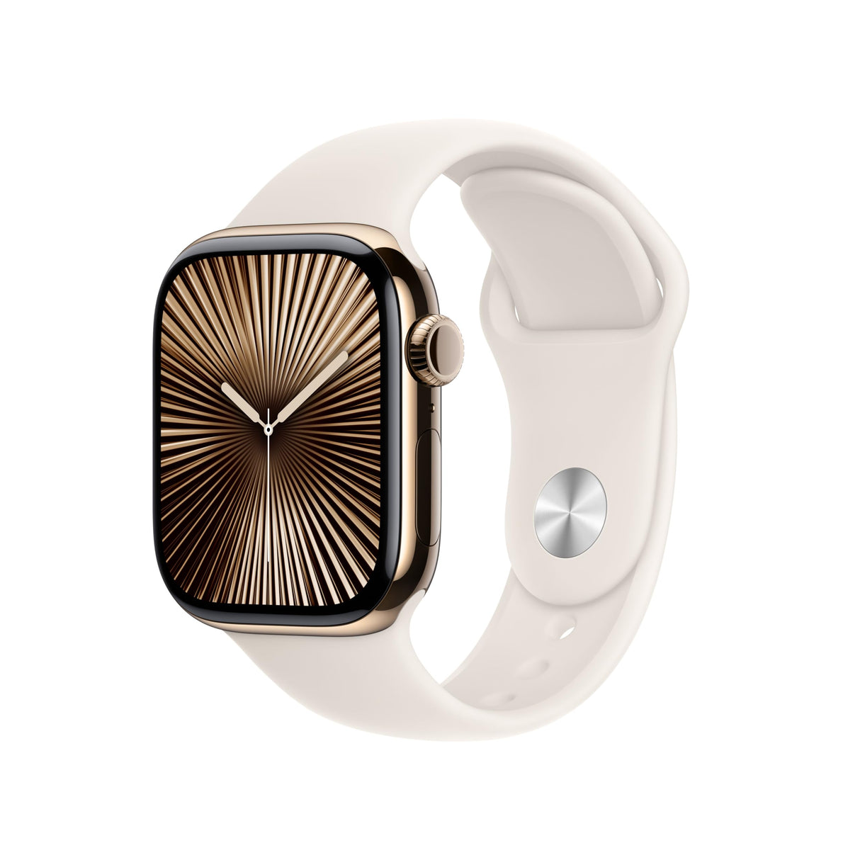 Apple Watch Series 10 GPS + Cellular Smartwatch con Caja de Titanio Oro de 42 mm y Correa Deportiva Blanco Estrella - Talla M/L. Monitor de entreno, App ECG, Pantalla Retina Siempre Activa