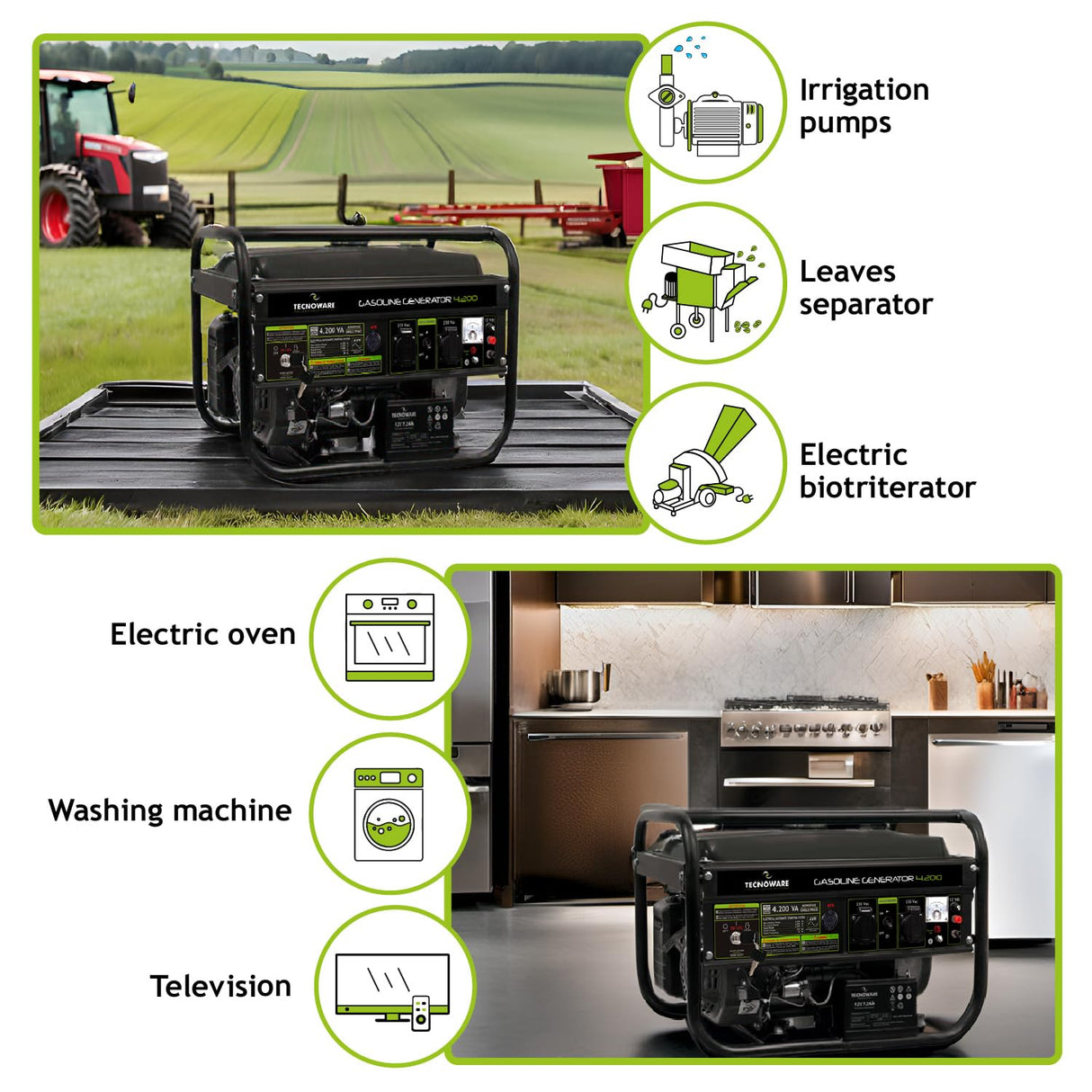 Tecnoware Power Systems - Generador de Corriente 4200 VA, Motor Gasolina 4 Tiempos, Arranque Eléctrico y Manual, Depósito 15L, Compacto y Portátil, Ideal para Camping y Construcción