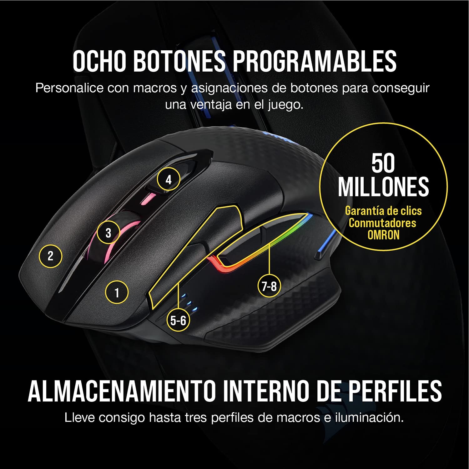 Corsair DARK CORE RGB PRO Ratón Inalámbrico FPS/MOBA para Juegos - 18.000 PPP - 8 Botones Programables - Inalámbrico Sub-1ms - Compatible con iCUE - PC, Mac, PS5, PS4, Xbox - Negro