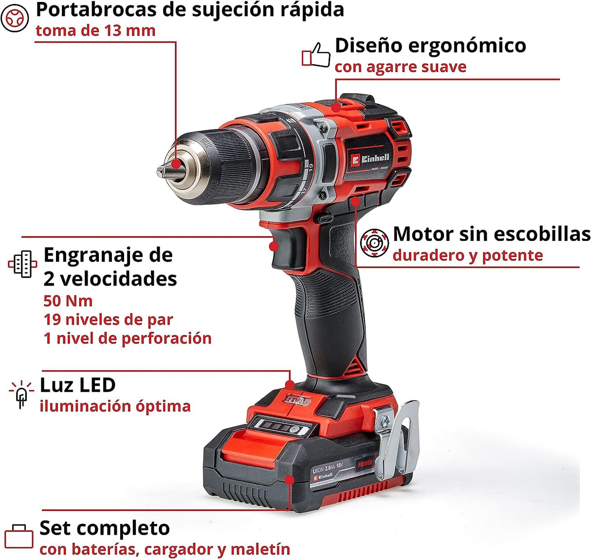 Einhell Taladro/destornillador con batería TE-CD 18/50 Li BL Power X-Change (iones de litio, 18V, máx 50 Nm, portabrocas 13 mm, sistema electrónico velocidad, incl. 2 baterías 2,0 Ah y cargador)