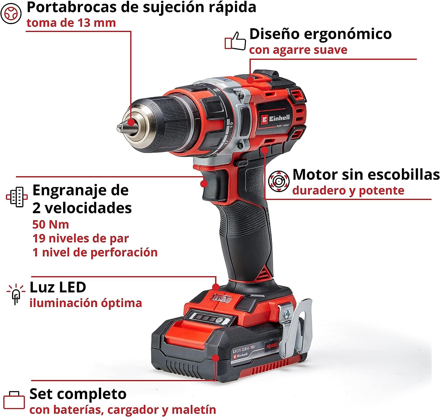 Einhell Taladro/destornillador con batería TE-CD 18/50 Li BL Power X-Change (iones de litio, 18V, máx 50 Nm, portabrocas 13 mm, sistema electrónico velocidad, incl. 2 baterías 2,0 Ah y cargador)