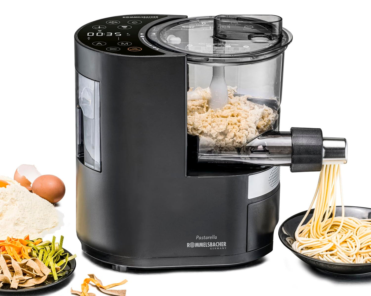 ROMMELSBACHER Máquina de pasta eléctrica PM 220 – hasta 800 g, báscula integrada, suministro de agua controlado, 6 programas totalmente automáticos, tornillo prensado de acero inoxidable, 7 moldes