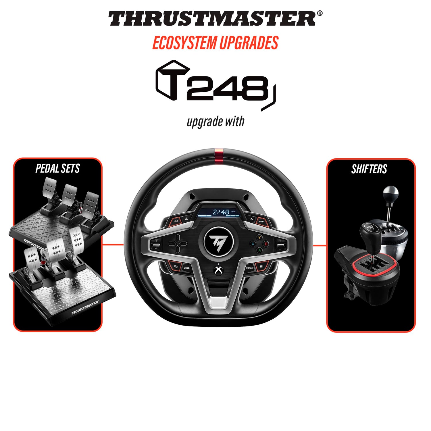 Thrustmaster T248 Volante de Carreras y Pedales Magnéticos – Xbox Series X|S, Xbox One, PC – HYBRID DRIVE, Palancas Magnéticas, Retroalimentación de Fuerza Dinámica, Pantalla Integrada