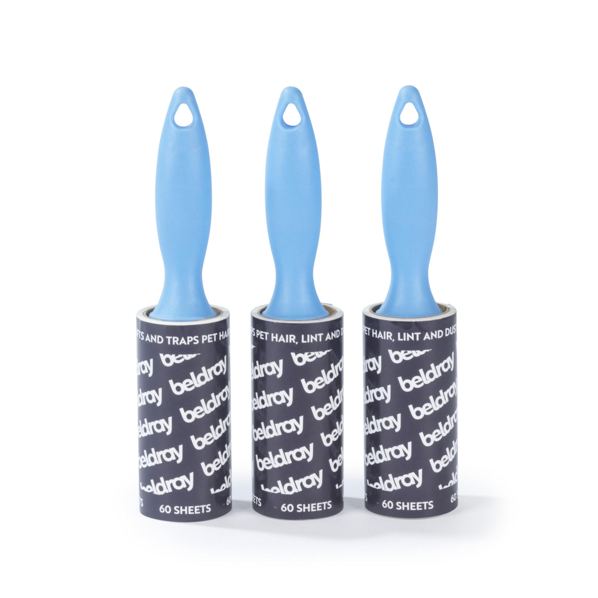 Beldray Rodillos de Pelusa Manuales - Paquete de 3, Extra Adhesivos, Elimina el Polvo, la Pelusa, el Pelo de Mascotas, Mangos Resistentes, Ganchos para Colgar, 60 Hojas por Rollo