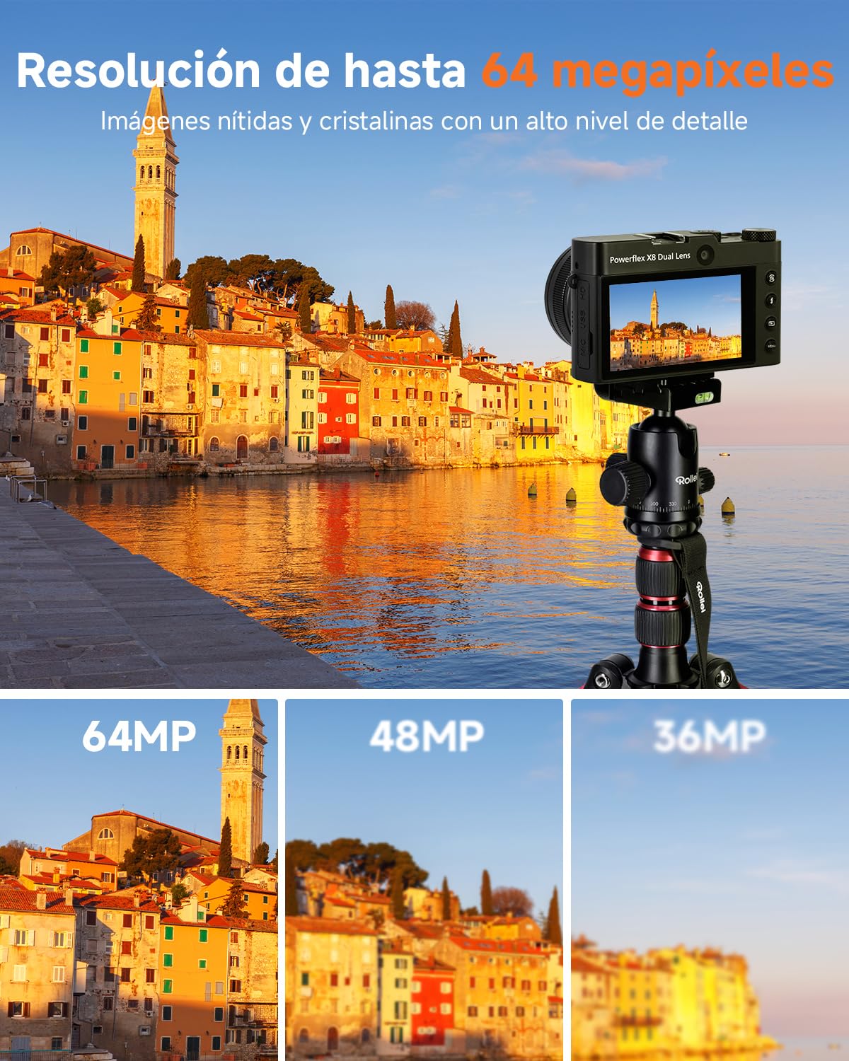 Camara Digital 5K 64MP Rollei, Powerflex X8 Dual Lens Cámara de Fotos Compacta con Zoom Óptico 8X y Pantalla Táctil de 3.6" Digicam Portátil con Doble Lente Negro, Cámara-Fotos-Digital-Camera
