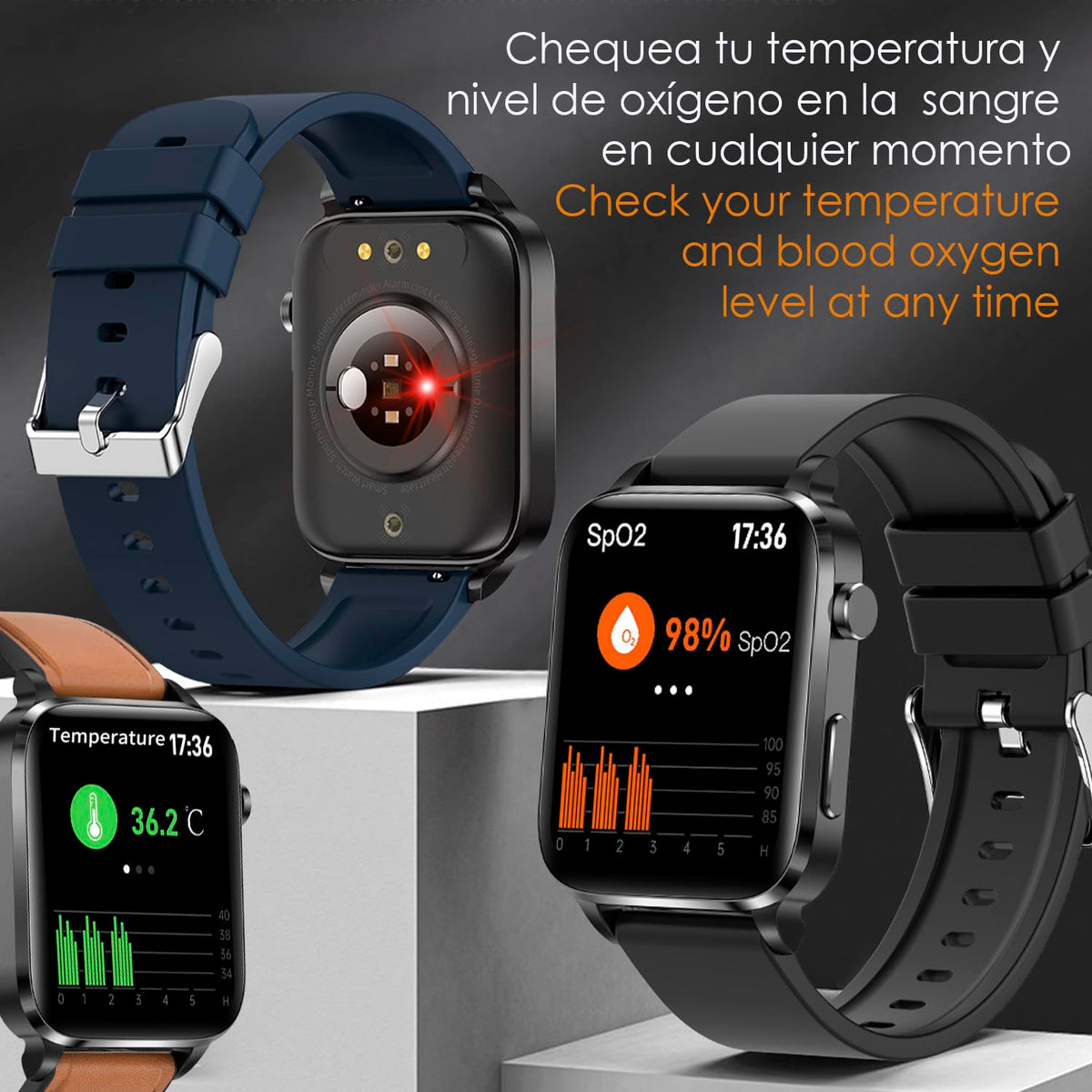 DAM Smartwatch F100 con Terapia de Salud con láser de Doble sonda. Monitor de O2, tensión y termómetro. Varios Modos Deportivos. 3,7x1,1x4,2 Cm. Color: Negro