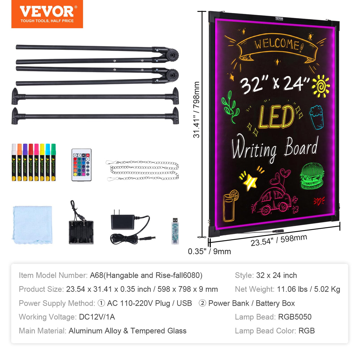 VEVOR Tablero de Escritura de Mensajes LED, Pizarra Iluminada Borrable de 598 x 798 x 9 mm, Tablero de Letrero de Menú con Efecto Neón, con 8 Marcadores de Tiza Fluorescentes y Control Remoto, RGB
