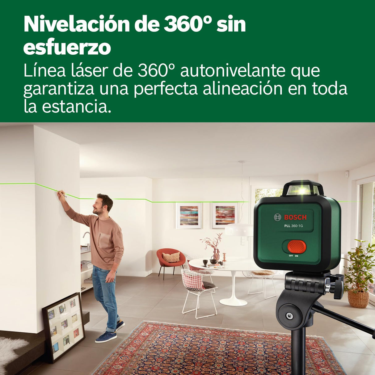Nivel láser PLL 360-1G de Bosch (láser verde de 360°, autonivelante, precisión de ±0,4 mm/m, batería recargable de iones de litio integrada, carga USB-C®, en caja de cartón)
