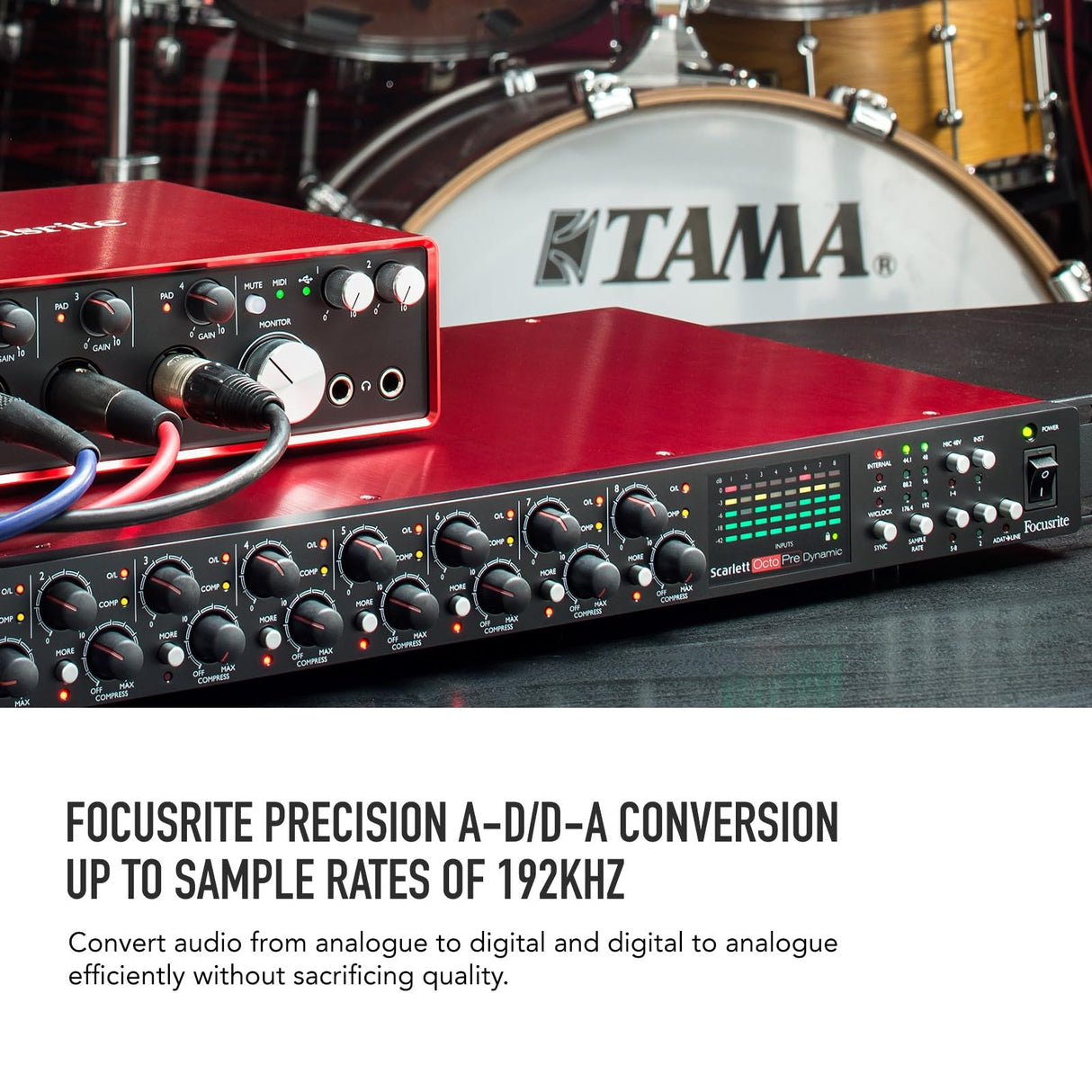 Focusrite Scarlett OctoPre Dynamic para grabar, producir y tocar música en directo, Preamplificador de micrófono de ocho canales con conversión A/D y D/A y compresión analógica